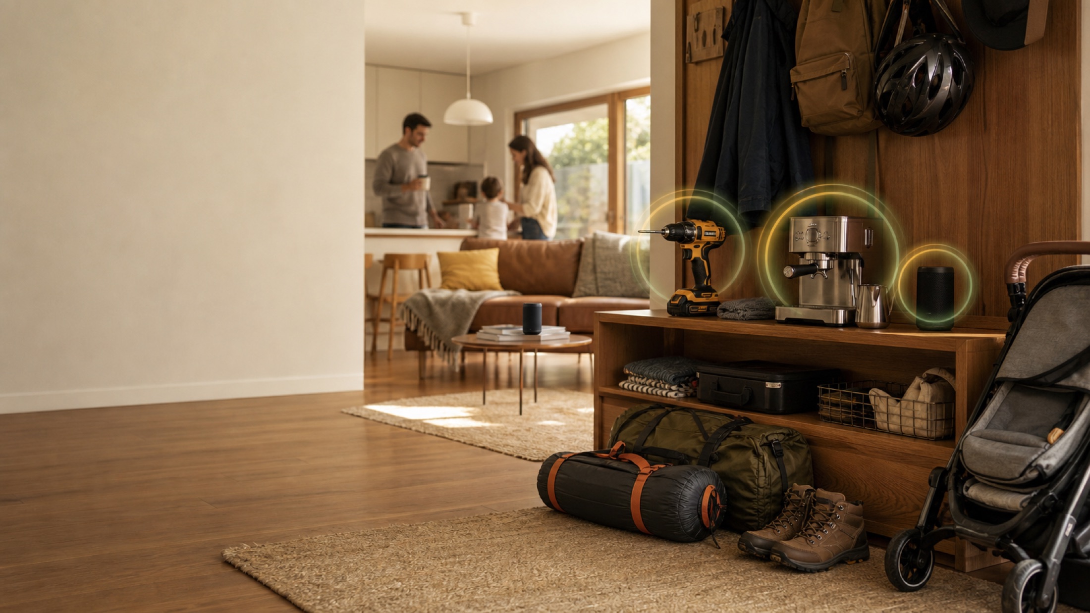 A home where everyday things sit unused: a drill, an espresso machine, camping gear and a stroller