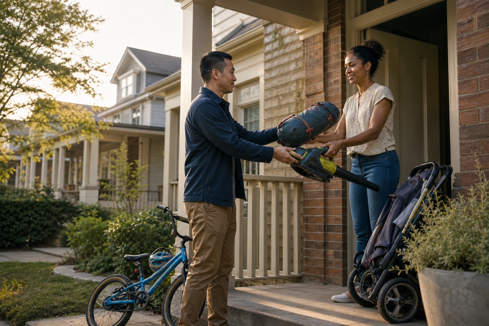 Someone handing an item to a buyer at their front door